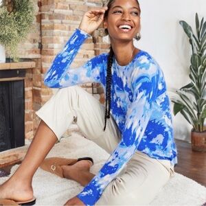 Charter Club 100% Cashmere Blue Tie-Dye Crewneck Long Sleeve Sweater Small
